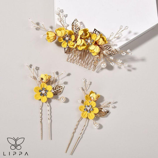 Floral Hair Pins Yellow Color