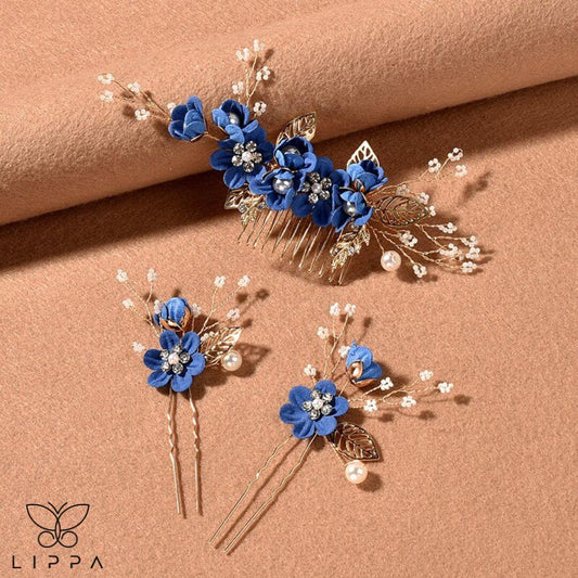 Bridal Hair Pin Set Royal Blue and Gold Color