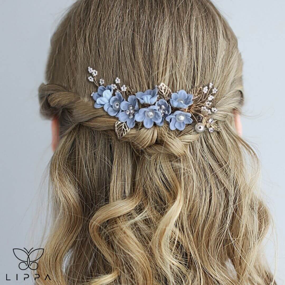 Bridal Hair Pin Set Blue and Gold Color