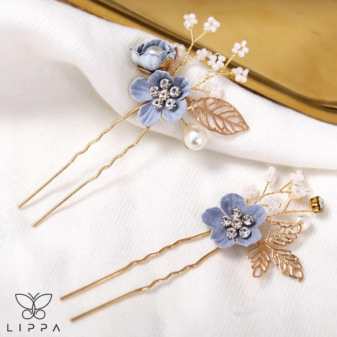 Bridal Hair Pin Set Blue and Gold Color - Two pcs set