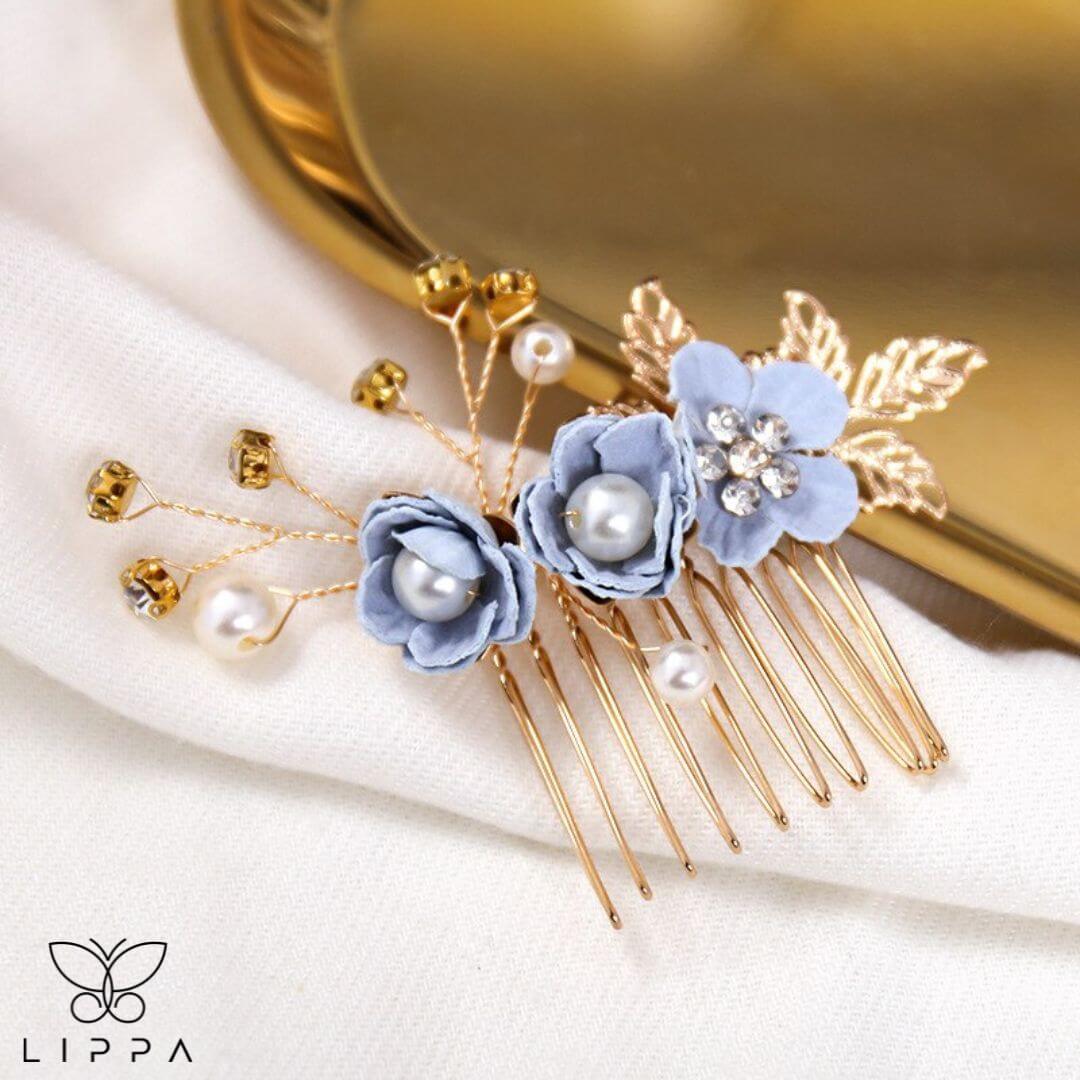 Bridal Hair Pin Set Blue and Gold Color - small comb