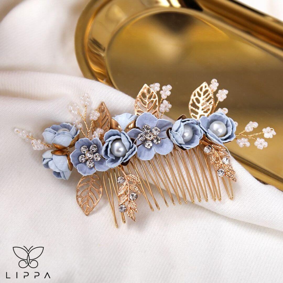 Bridal Hair Pin Set Blue and Gold Color - large comb
