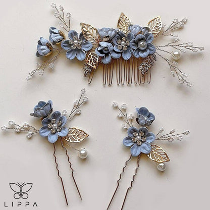 Bridal Hair Pin Set Blue and Gold Color - 3 pcs set
