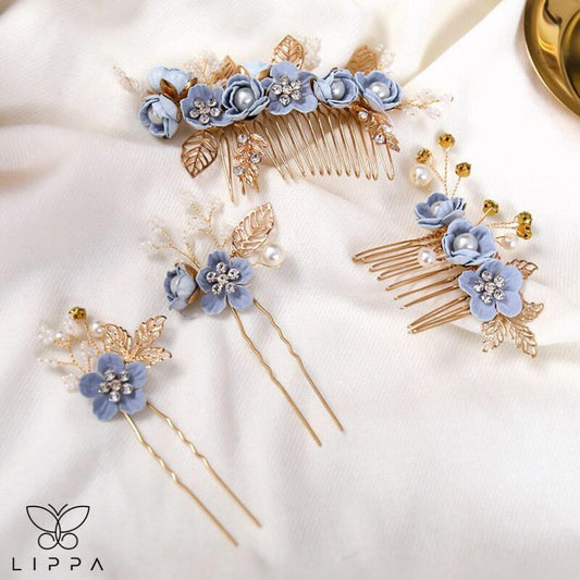 Bridal Hair Pin Set Blue and Gold Color - 4 Pcs set