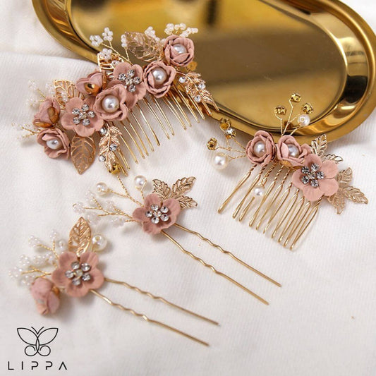Bridal Hair Pin Set Pink and Gold Color 4 Pcs