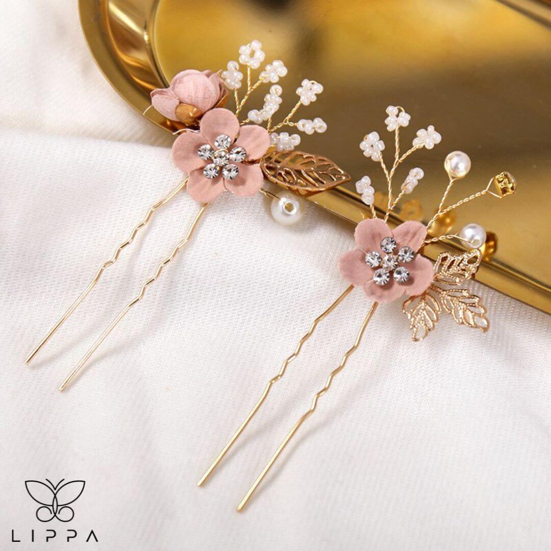 Bridal Hair Pin Set Pink and Gold Color  2 Pcs