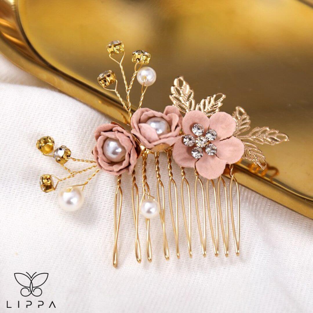 Bridal Hair Pin Set Pink and Gold Color  Small Comb