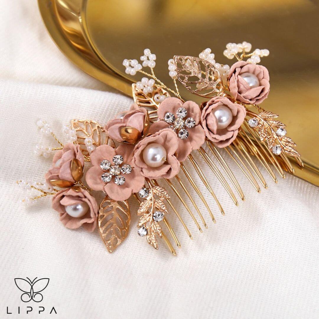 Bridal Hair Pin Set Pink and Gold Color Large Comb