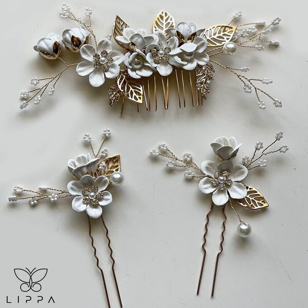 Bridal Hair Pin Set White and Gold Color  3 Pcs Set