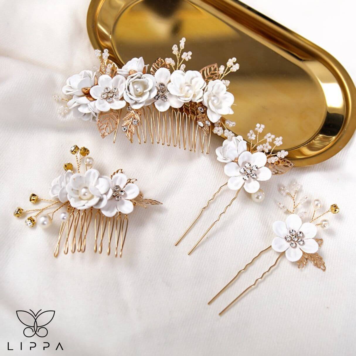 Bridal Hair Pin Set White and Gold Color  4 Pcs Set