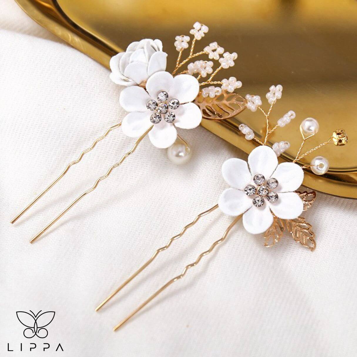Bridal Hair Pin Set White and Gold Color