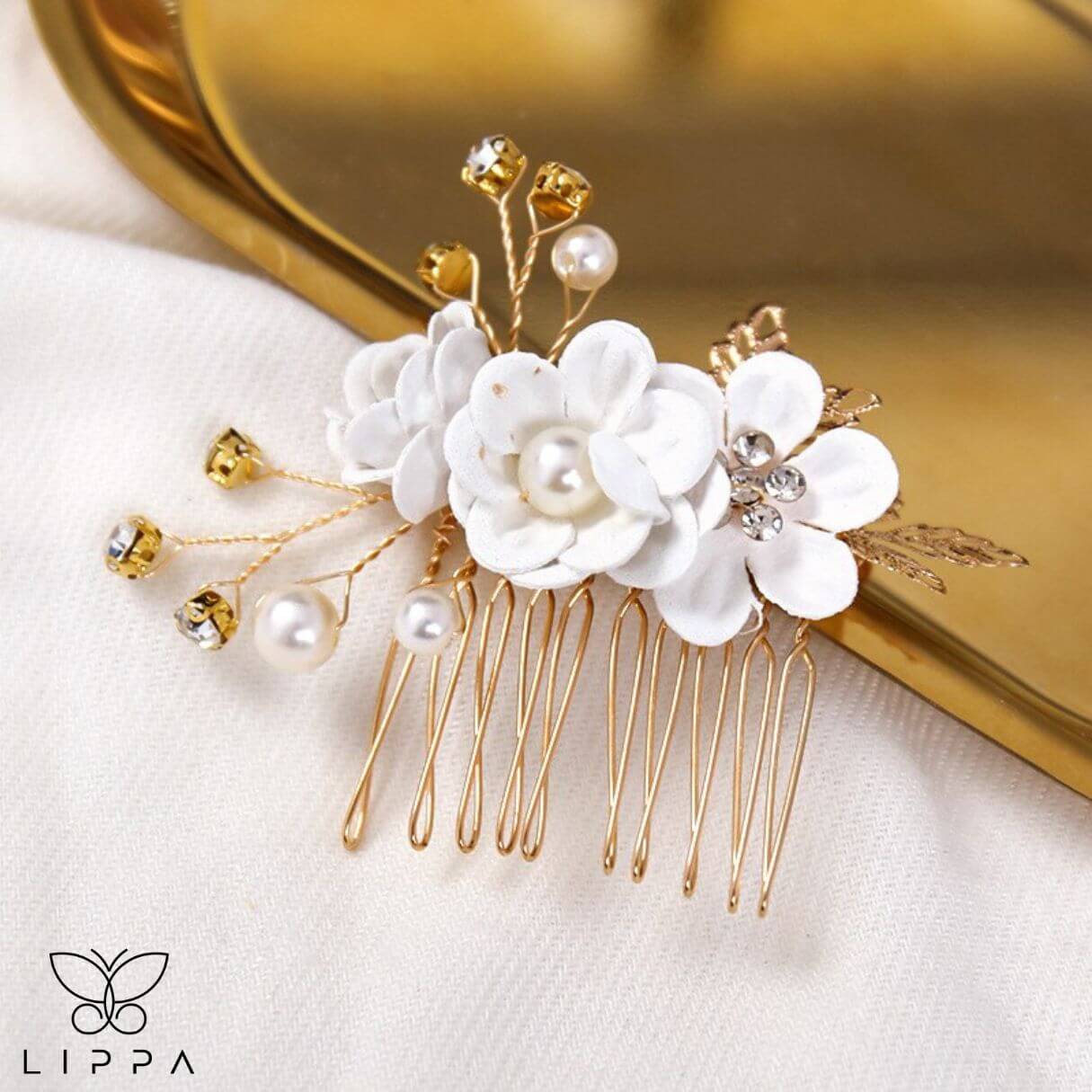 Bridal Hair Pin Set White and Gold Color  Small Comb