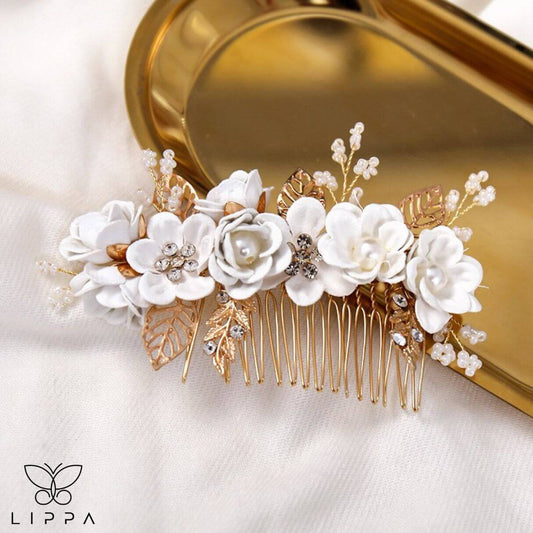 Bridal Hair Pin Set White and Gold Color  