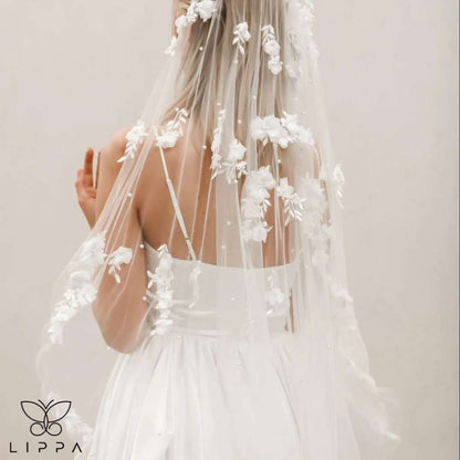 Single-tier wedding veil featuring pearl beading and American soft yarn