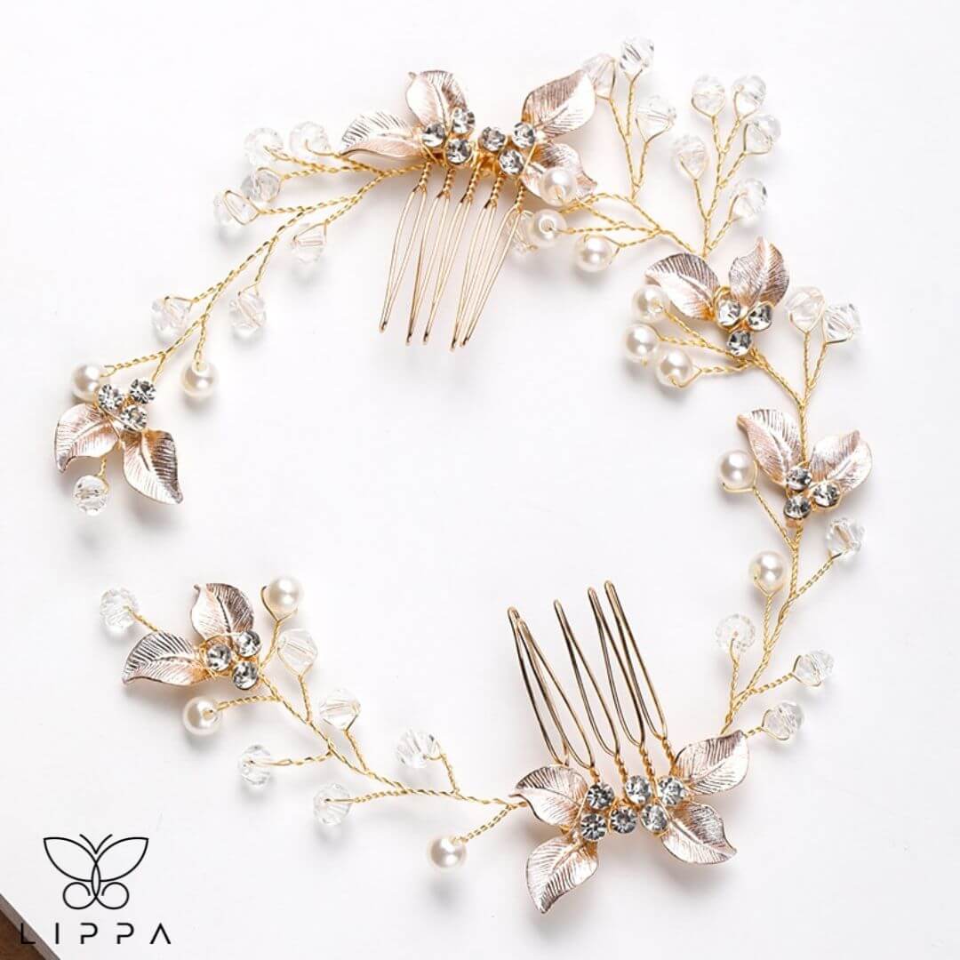 Pearl Leaf Tiara Headband Gold Color