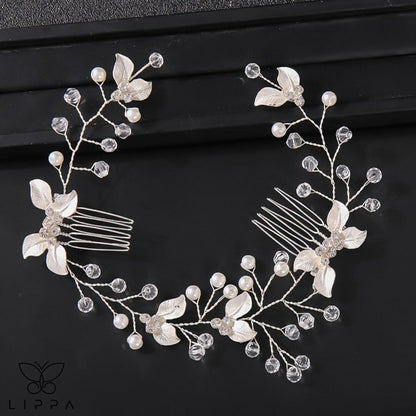 Pearl Leaf Tiara Headband Silver Color