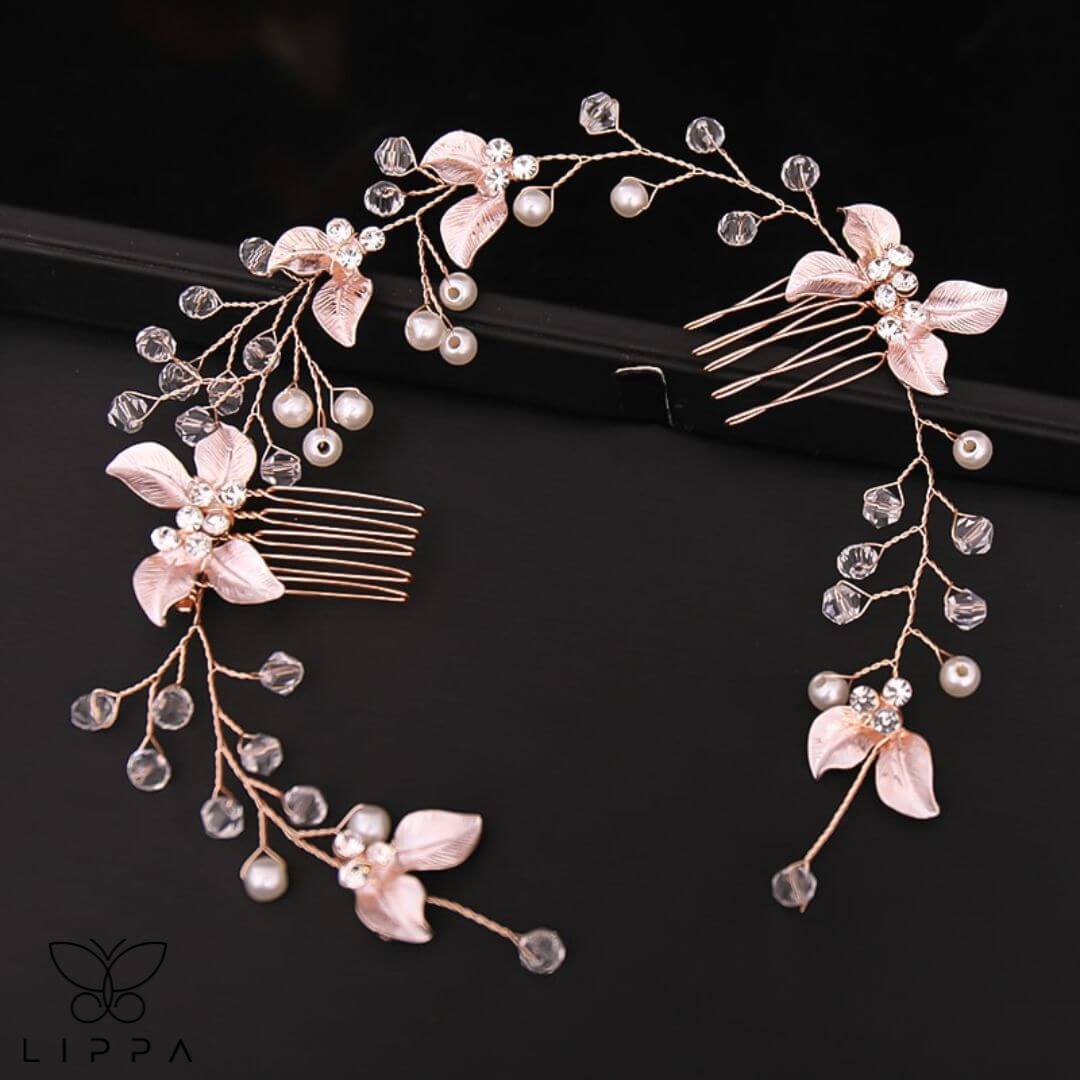 Pearl Leaf Tiara Headband Rose Gold Color