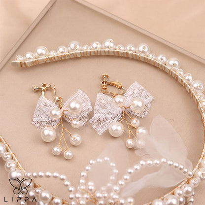 Pearl Headband with Pearl and Lace Dangling Earrings Gold Design | Bridal Head Accessory | Wedding Hair Piece