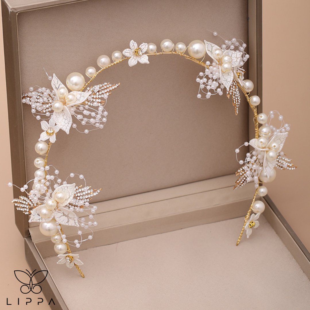 Gold Flower Hair Crown with Gold Pearls for Headband Tiara Headdress | Bridal Hair Piece