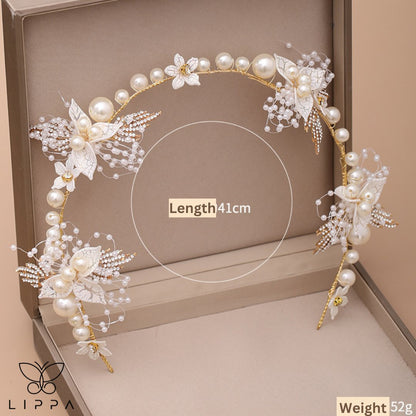 Gold Flower Hair Crown with Gold Pearls for Headband Tiara Headdress | Bridal Hair Piece