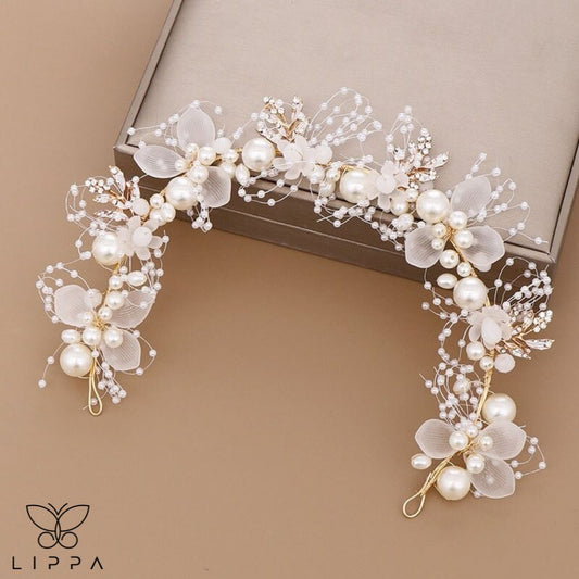 Pearl Flower Design Hair Crown - Lippa